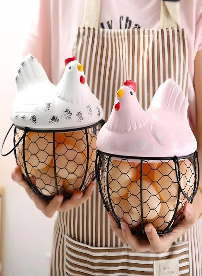 Maxxinn Ceramic Hen Shape Wire Egg Storage With White Farm Chicken Top And Handles Keeps Fresh and Secure, Countertop - Image 4